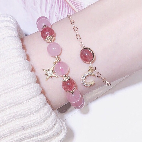 Celestial Strawberry Quartz & Rose Quartz Bracelets Set of two - Picture 4 of 6
